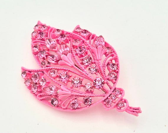 pink floral leaf Brooch   bright Pink  enameling … - image 3