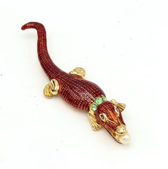 Large Alligator Brooch - enamel rhinestone pearl figurine 4 1/4 " pin