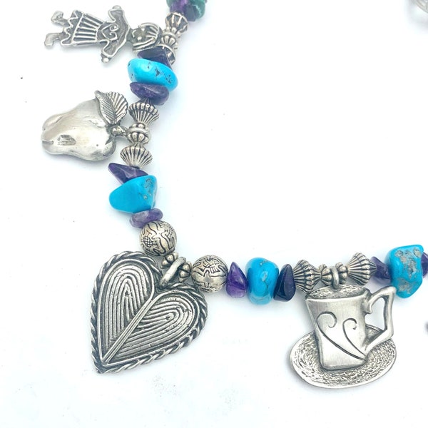 Marcie  Pendant Gemstone Bead necklace turquoise amethyst carnelian hearts fruit animals angel charms