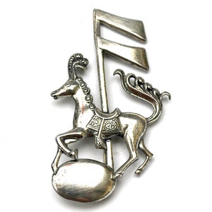Sterling silver Carousel horse  Brooch  Designer signed Lang   Music Note  Vintage Figurine Pin