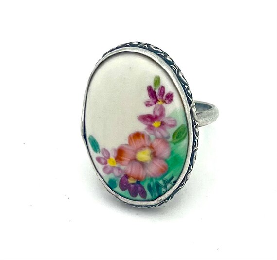 Sterling Silver flower  ring painted floral flowe… - image 5