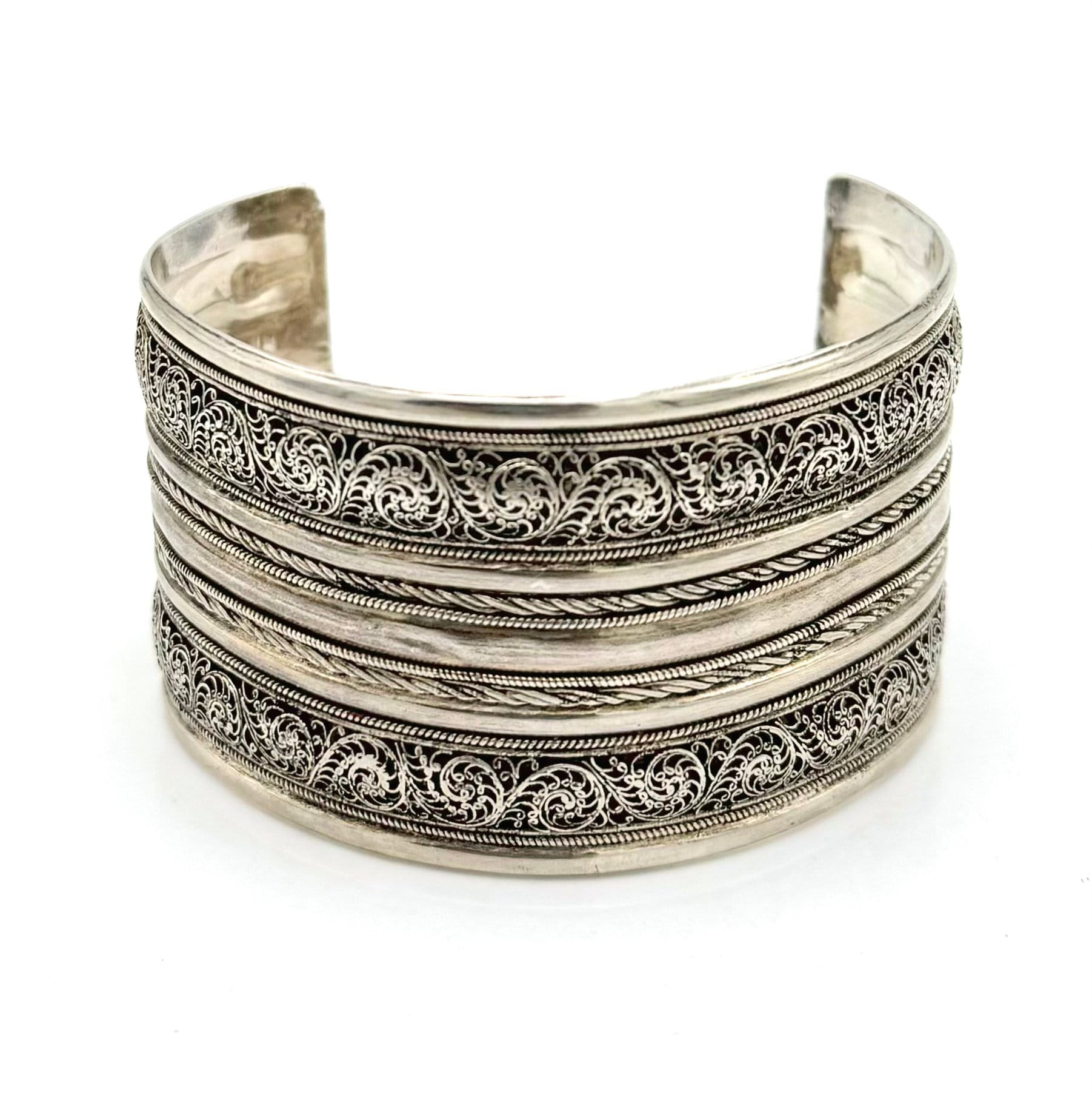 Wide Sterling Cuff Bracelet Chunky Layered Silver Filigree 45