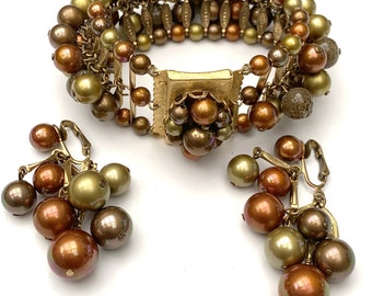 Vintage Dangle Bead Bracelet & Clip On Earring Set, Earth Tone