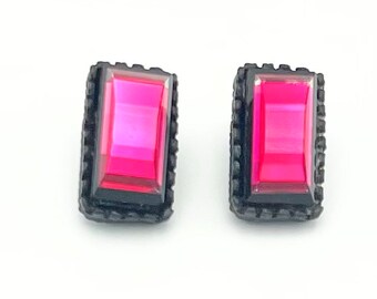 Alice Caviness pink  Earrings  pinkish Crystal black japanned metal clip on earrings