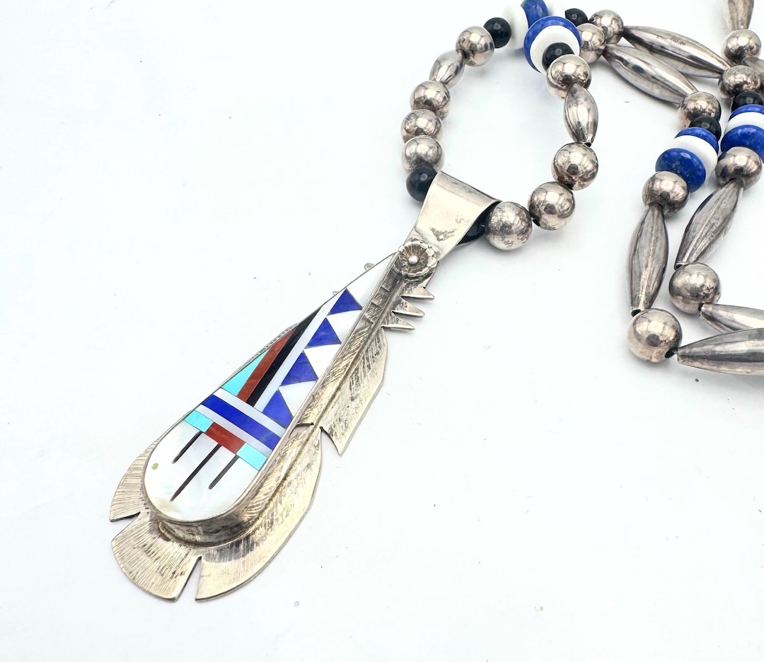 R & L Vacit Zuni Inlay Feather Pendant Necklace, Sterling Silver