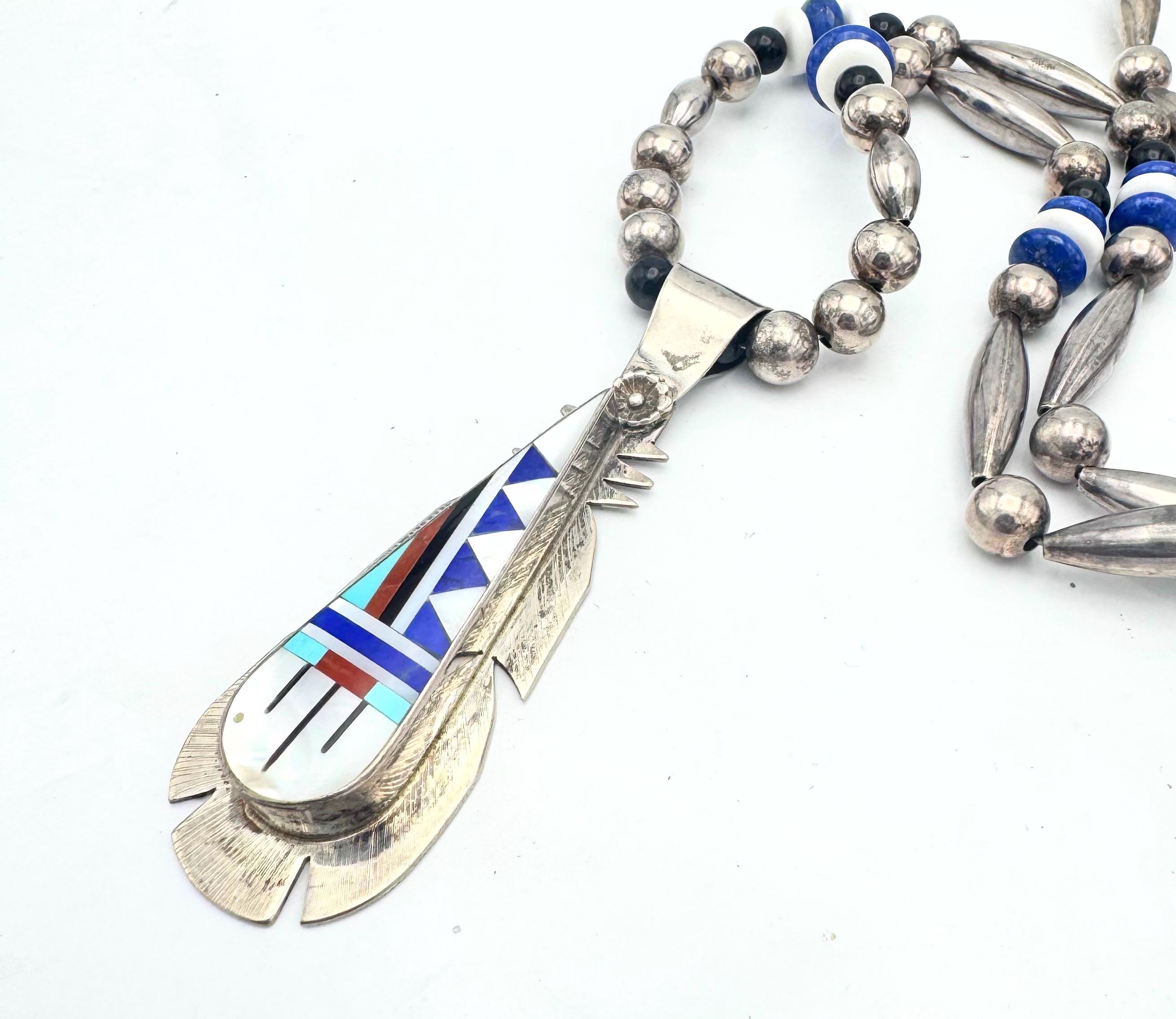 R & L Vacit Zuni Inlay Feather Pendant Necklace, Sterling Silver