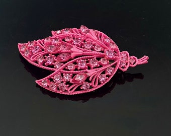 pink floral leaf Brooch   bright Pink  enameling rhinestone  pin