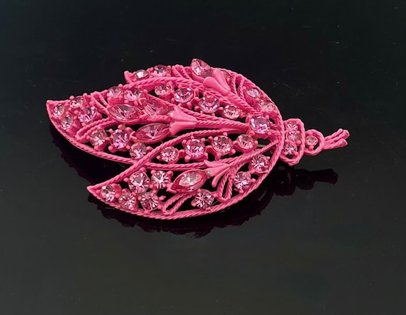 pink floral leaf Brooch   bright Pink  enameling … - image 1