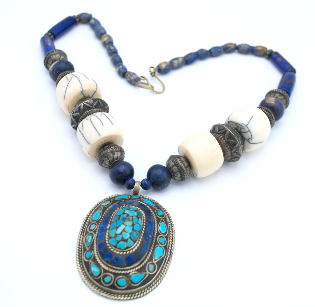 Turquoise Lapis Pendant Necklace Silver Blue Gemstone Inlay - Etsy