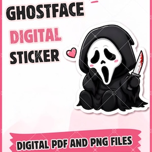 May include: A digital sticker featuring a cartoon Ghostface character in a black hooded robe, holding a bloody knife, with a small pink heart nearby. The text reads GHOSTFACE DIGITAL STICKER and DIGITAL PDF AND PNG FILES in black lettering.