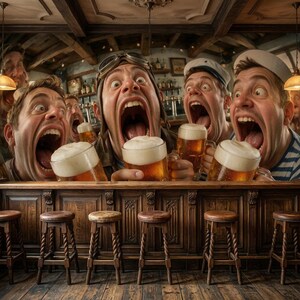 May include: A group of four individuals with wide-open mouths holding glass beer mugs filled with golden ale and thick white foam. The scene is set at a wooden bar counter with a row of six dark wooden stools with twisted legs in the foreground.