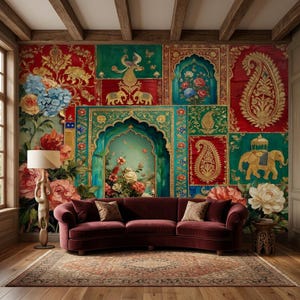 May include: A deep red velvet curved sofa sits before a wall mural featuring ornate gold paisley patterns, floral arrangements, and golden elephants. A tall wooden floor lamp stands to the left, and a patterned rug covers the wooden floor.