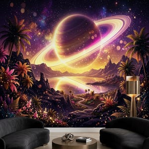 May include: A large wall mural depicting a vibrant cosmic landscape with a glowing ringed planet, purple and orange nebula clouds, dark jagged mountains, a reflective lake, and tropical palm trees, positioned behind two black curved sofas.