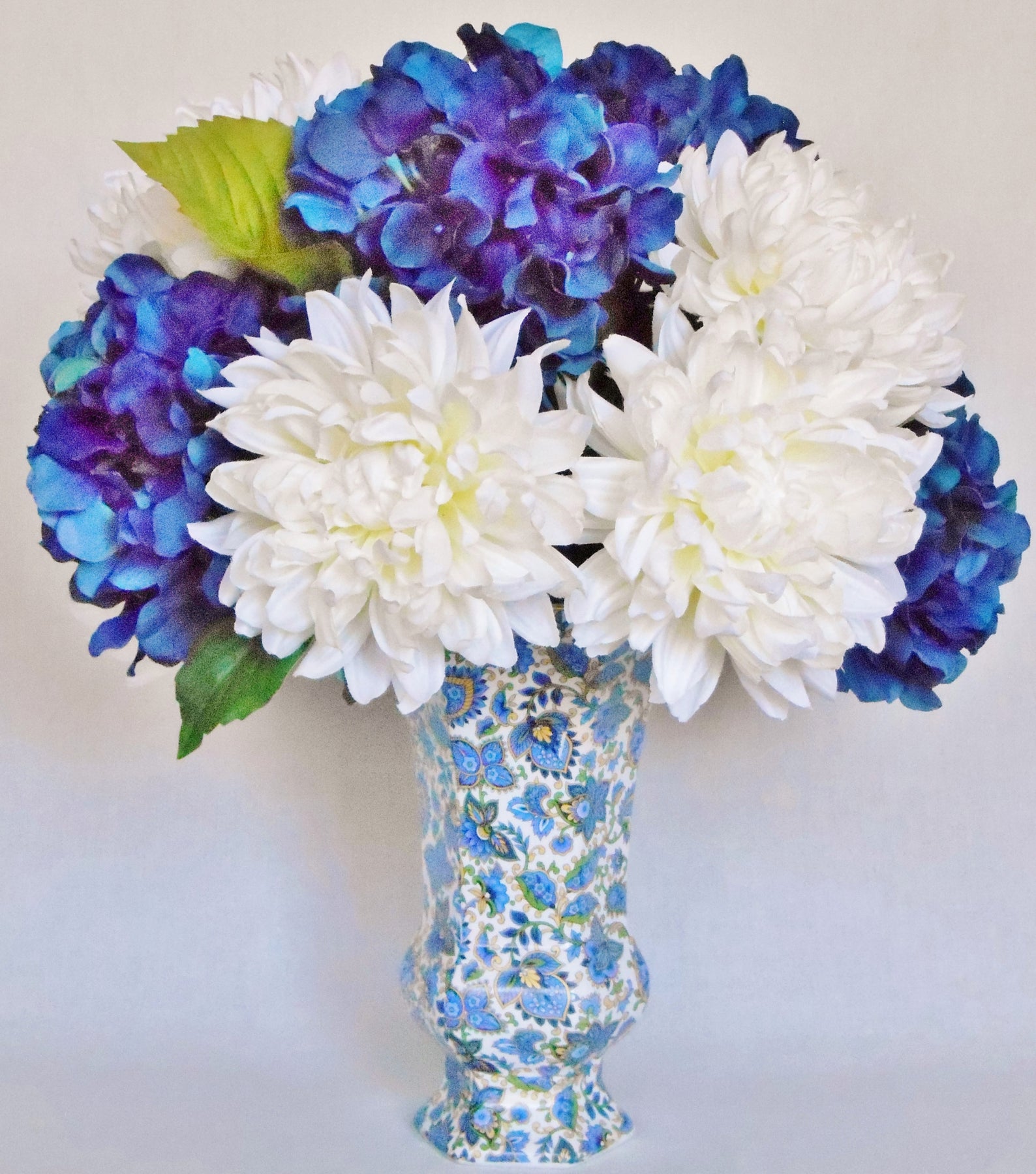 Silk Flower Arrangement Dark Blue Hydrangea White Dahlias Etsy