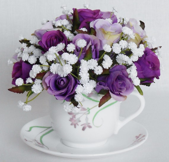 Teacup Silk Flower Arrangement Purple & Lavender Rosebuds | Etsy