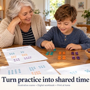 Könnte beinhalten: Ein digitales Arbeitsbuch mit dem Titel Multiplication through patterns mit ausgedruckten Blättern, die farbige Punktmuster zeigen, begleitet von einer Holzschale gefüllt mit kleinen, runden, bunten Kunststoffplättchen.