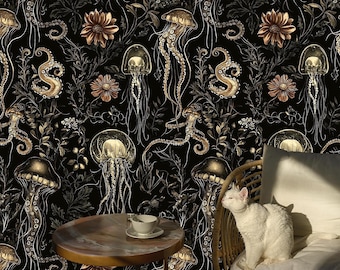 Jellyfish Wallpaper, Dark Ocean Design, Removable Wall Decor