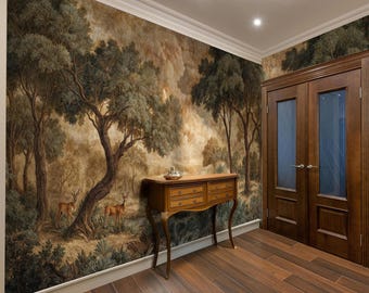Vintage Forest Wallpaper Mural with Deer, Moody Woodland Landscape in Olive Green