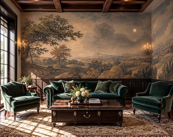 Mural de papel pintado con paisaje vintage, campiña pintoresca, decoración de pared de estilo antiguo.