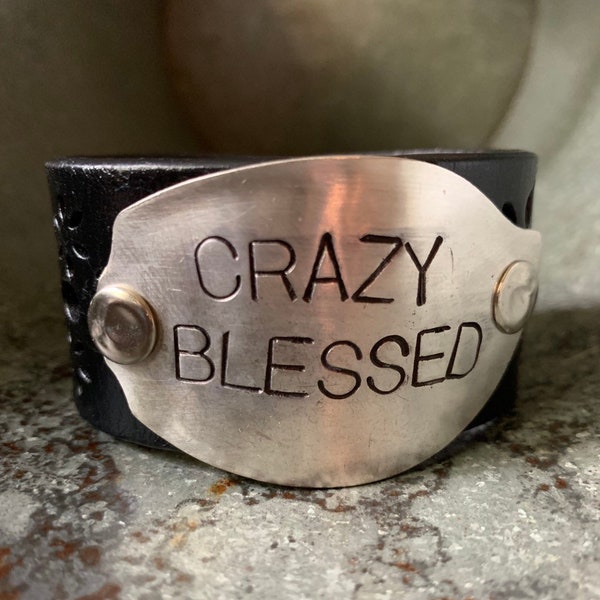 Crazy Blessed stamped spoon leather cuff, spoon jewelry