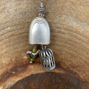 SALE - Little Birdie & Cage Silverware Handle Pendant, spoon jewelry