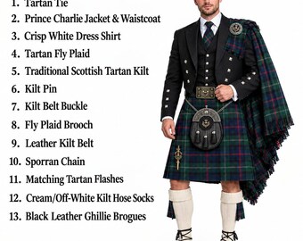 Herrkiltset för Prince Charlie - 13-delat bröllopsset med skotskt höglandskilt, tillgängligt i över 50 tartaner