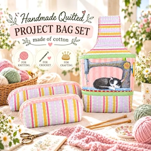 Set di borse per progetti trapuntati a mano, set di piccole borse artigianali rosa, regalo per gli amanti dei gatti