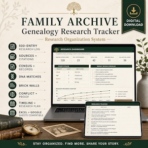 Op de afbeelding: Een digitaal systeem voor het bijhouden van genealogisch onderzoek, weergegeven op een laptop- en tabletscherm. De interface bevat een onderzoeks-dashboard, voortgangsgrafieken en checklists voor het bijhouden van stamboomgegevens.