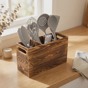 Wooden Utensil Holder Rustic Pine Kitchen Caddy3 Compartment Cutlery Organiser Countertop Storage Box with Handle