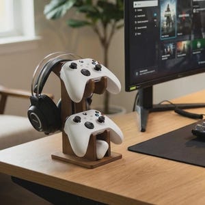 Könnte beinhalten: Ein Gaming-Ständer aus dunklem Holz mit zwei Ebenen für Controller und einem seitlichen Haken für Kopfhörer. Zwei weiße kabellose Gamecontroller sind auf dem Ständer platziert und ein schwarzer Over-Ear-Kopfhörer hängt am Seitenarm.