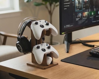 Solid Wood Headphone Stand, Gaming Controller Holder, PS5 Xbox Desk Storage Rack, Desktop Headset Display Organiser