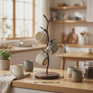 Peut inclure: Un porte-tasses en métal noir avec une base ronde en bois, supportant trois tasses en céramique. Le support mesure 40 cm de hauteur et 18 cm de diamètre. D'autres tasses et un bocal en verre de grains de café sont posés sur la surface.