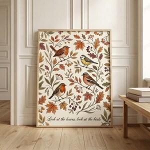 Autumn Birds and Leaves Wall Art Print Cozy European Countryside Decor Rustic Cottagecore Nature Poster Kitchen Cabin Wall Decor