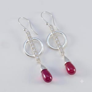 Ruby Earrings, 925 Sterling Silver Bar Circle Earrings, CZ Teardrop Dangle Earrings, Art Deco Statement Jewelry, Gift for Her