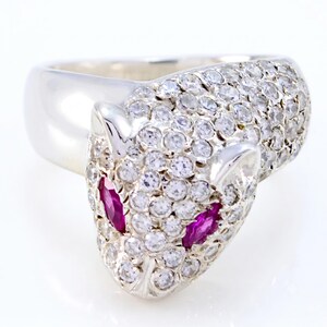Panther Ring 925 Sterling Silver, Pave Crystal Leopard Head Ring, Ruby Eye Animal Statement Ring, Bold Cocktail Ring Gift for Her