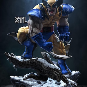 May include: A detailed figurine of a muscular character with a yellow and blue suit, black mask, and metallic claws extended from each hand. The character is in a crouching pose on a snow-covered log base. The letters STL are visible in white.