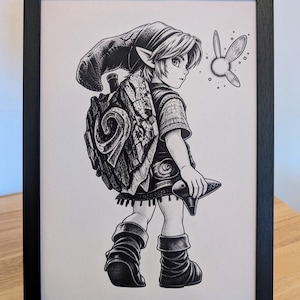Zelda Ocarina från Time Switch 2-ram - Link and Navi - A4 svartvit poster