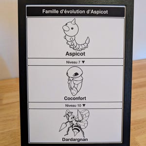 May include: A black framed print featuring the evolution line of the Pokemon Aspicot. The graphic displays three black and white illustrations labeled Aspicot, Coconfort, and Dardargnan, with text indicating evolution levels 7 and 10.