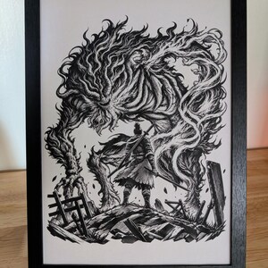Sekiro Frame - Lobo enfrentando o Demônio do Ódio - Pôster A4 em preto e branco