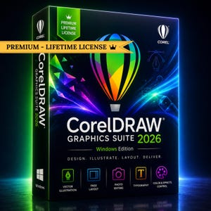 以下が含まれることがあります： CorelDRAW Graphics Suite 2026 Windows Editionの黒いソフトウェアボックス。前面にはカラフルな熱気球のグラフィック、ネオンブルーとグリーンの光のアクセントがあり、Premium Lifetime License、Design、Illustrate、Layout、Deliverなどのテキストが記載されています。
