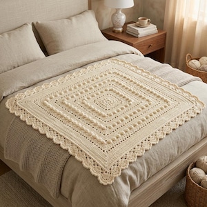 May include: A square, cream-colored crochet blanket featuring a central geometric pattern with raised bobble stitches, surrounded by a decorative scalloped border. The textile is crafted with intricate yarn work and a consistent, textured design.