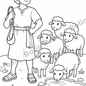 Op de afbeelding: Een zwart-wit kleurplaatillustratie met een herder in een tuniek en sandalen, die een slinger vasthoudt en naast een kleine kudde van vijf schapen staat, waarbij één schaap op de voorgrond uit een kleine vijver drinkt.