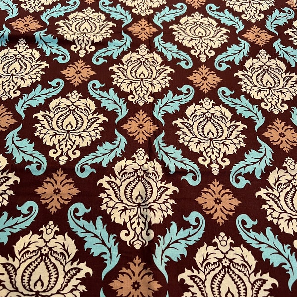 OOP, Damask #JD43, Aviary 2 collection, Joel Dewberry, 3 yards available, brown, teal, beige, 42" w