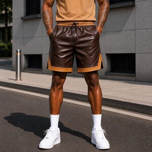 Men's Brown Leather Shorts, Two Tone Casual Shorts, Drawstring Waist Streetwear Shorts