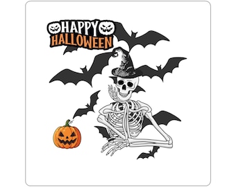Happy Halloween Skeleton with Pumpkin Kiss-Cut Stickers | Bats, Witch Hat