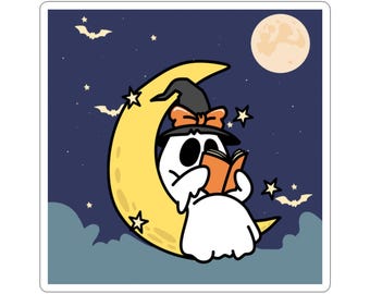 Reading Ghost on Moon Kiss-Cut Sticker | Halloween Cute Spooky Laptop Decal