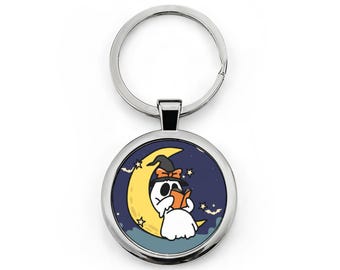 Cute Ghost on Crescent Moon Keychain | Round Stainless Steel