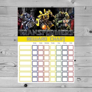 May include: A Transformers themed reward chart with a grid of squares for tracking progress. The chart features images of Optimus Prime, Bumblebee, and Megatron. The text "REWARD CHART" is printed in yellow and gray.