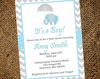 Blue Elephant Baby Shower Invitation - Boy Baby Shower Invitation