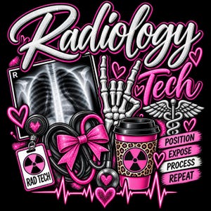Op de afbeelding: Een grafisch ontwerp met de tekst Radiology Tech, een röntgenfoto van een borstkas, een skeletthand die een rock-and-roll-teken maakt, een stethoscoop met een roze strik, een koffiebeker met luipaardprint en stralingssymbool, en de woorden Position, Expose, Process, Repeat.